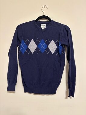 Children’s Place Boy’s Navy V-Neck Sweater with Blue and White Argyle Lg 10/12